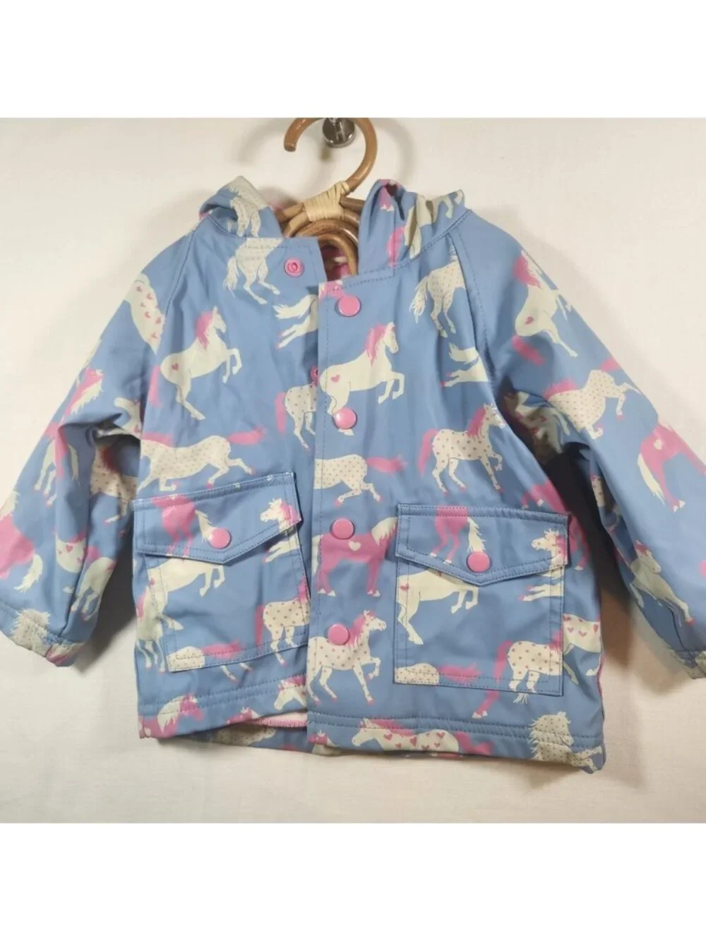 Hatley Girls Blue Pink Horse Print Hooded Raincoat Jacket 6-12M‎